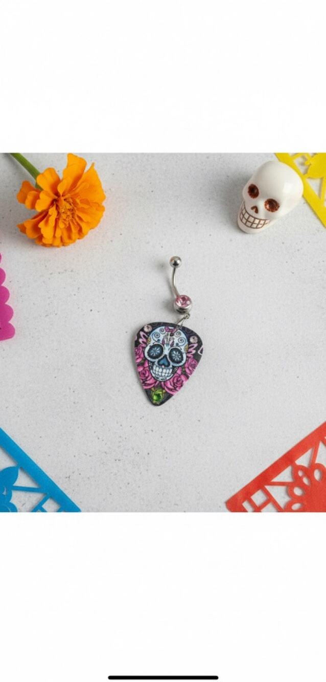 Sugar Skull Guitar Pick Belly Ring - Rhinestone Dangle Pink